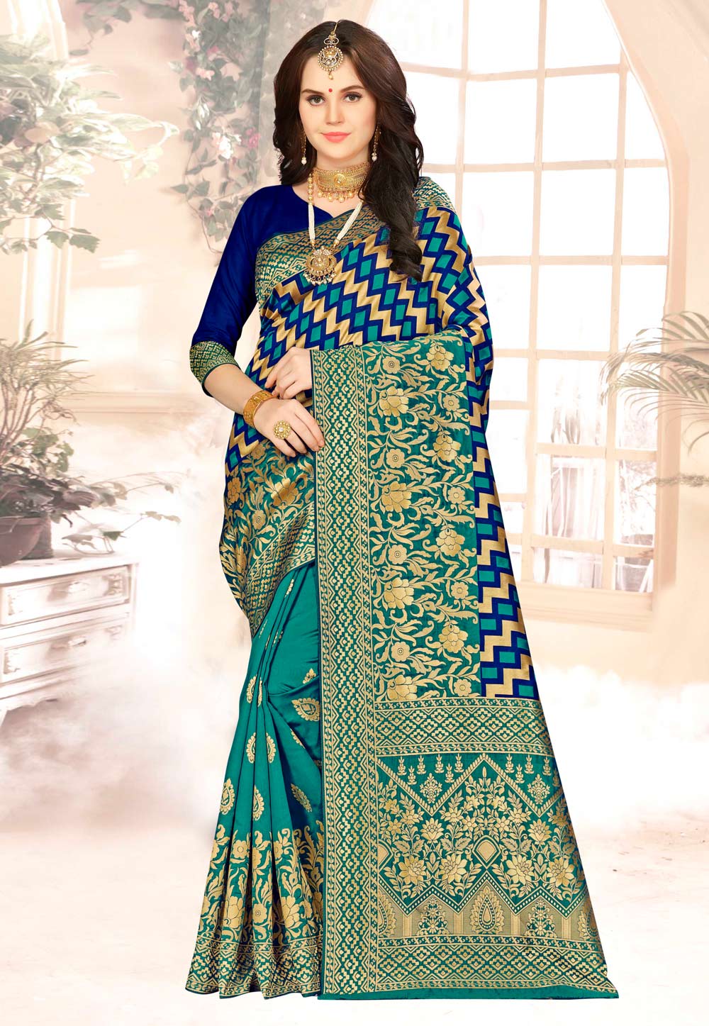 Blue Banarasi Silk Half N Half Saree 220627
