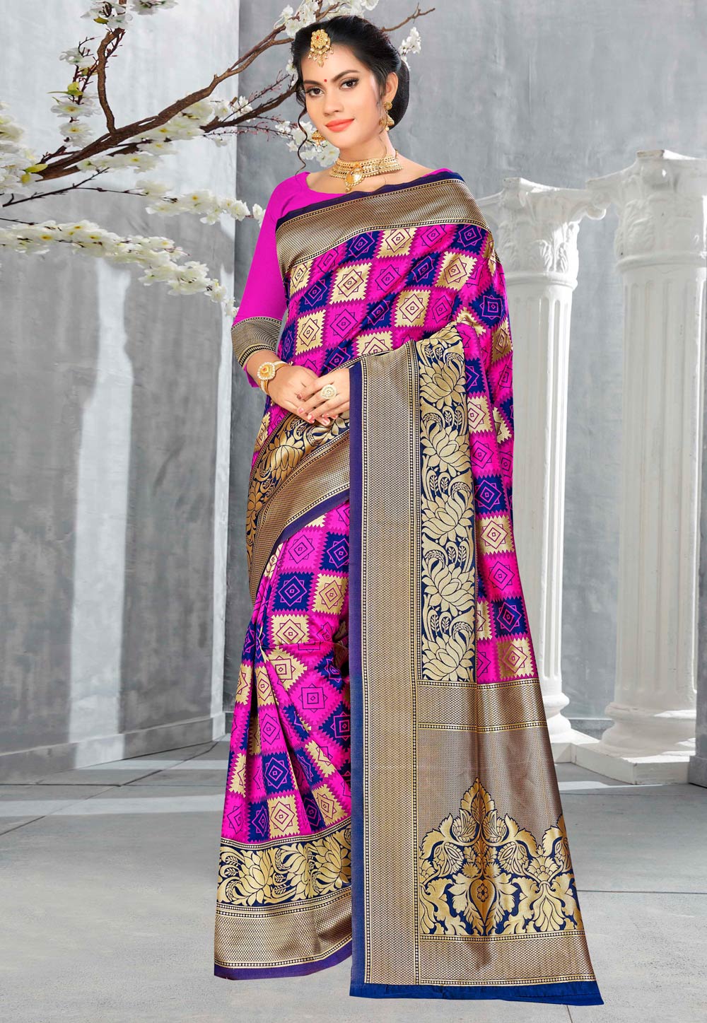 Pink Banarasi Silk Saree With Blouse 220628