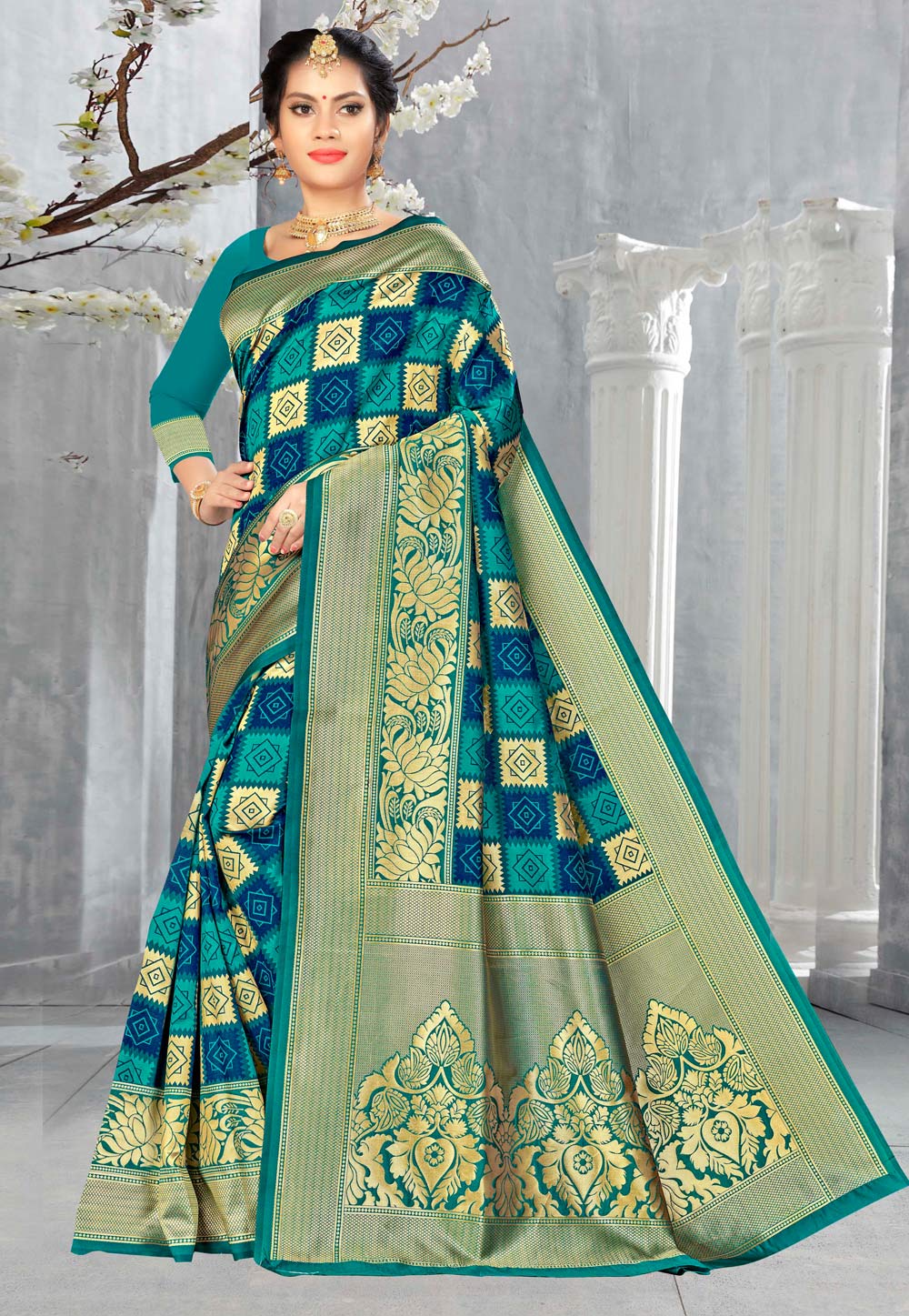 Teal Banarasi Silk Festival Wear Saree 220631