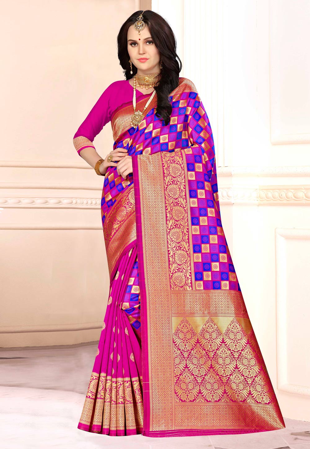 Pink Banarasi Silk Saree With Blouse 220633