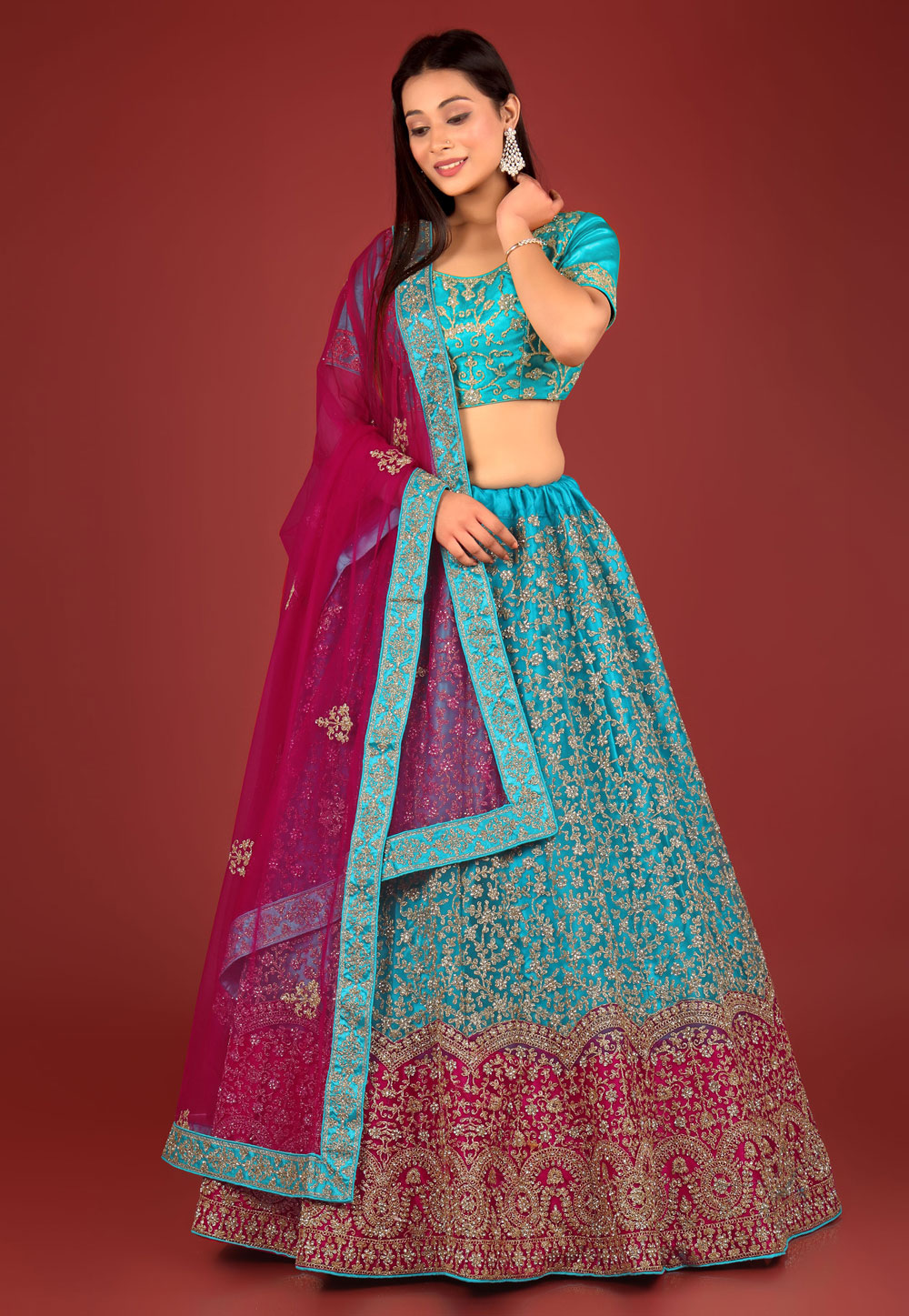 Turquoise Net A Line Lehenga Choli 273797