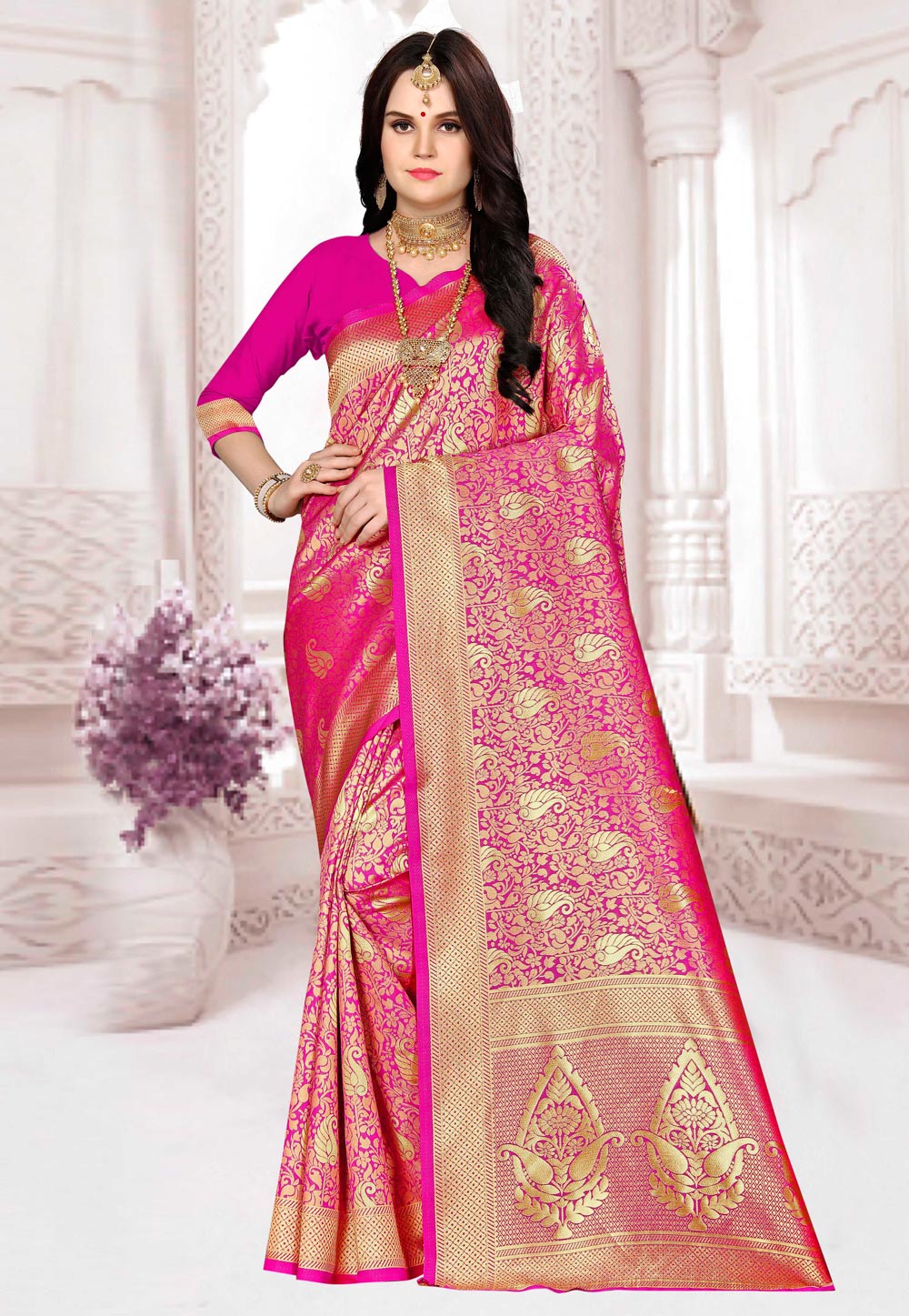 Pink Banarasi Silk Saree With Blouse 220166
