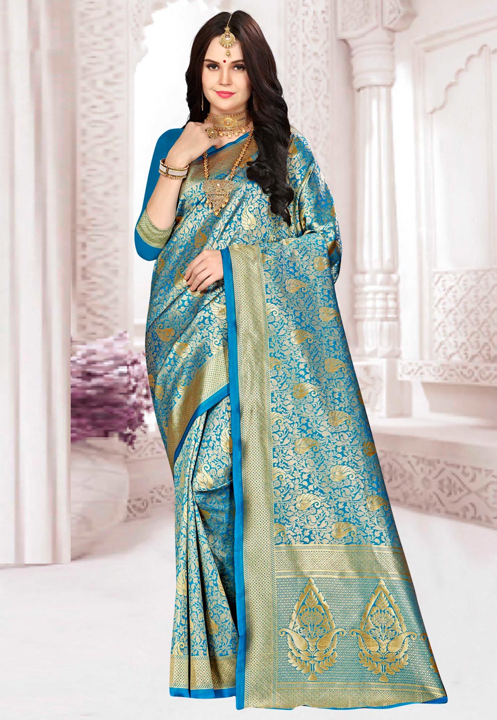 Blue Banarasi Silk Saree With Blouse 220169