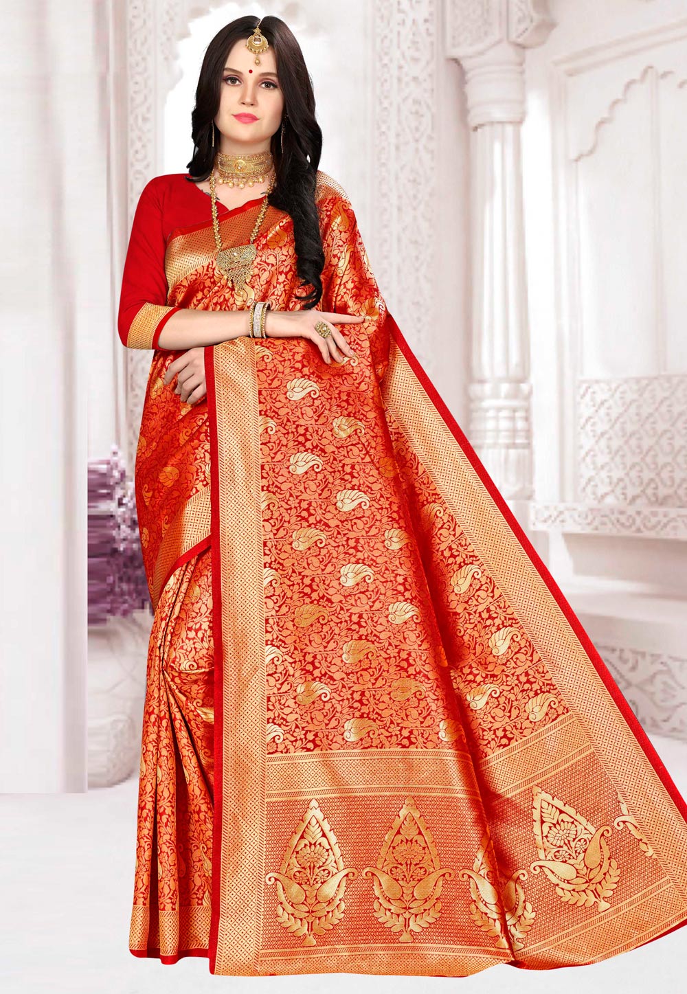 Red Banarasi Silk Saree With Blouse 220170
