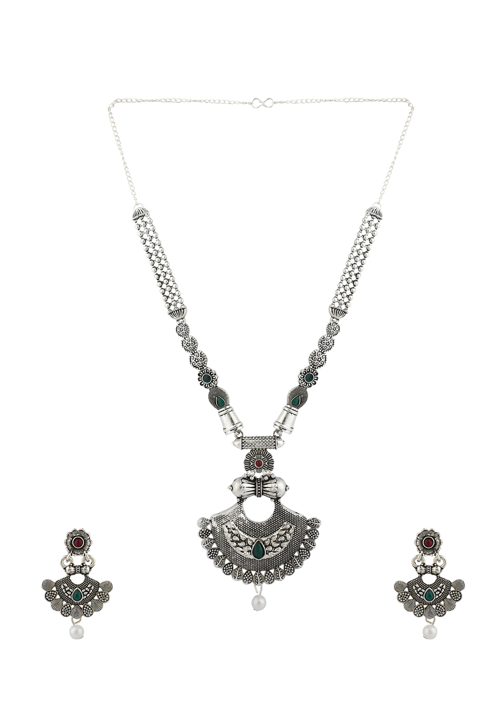 Green Alloy Necklace Set With Earrings 224642