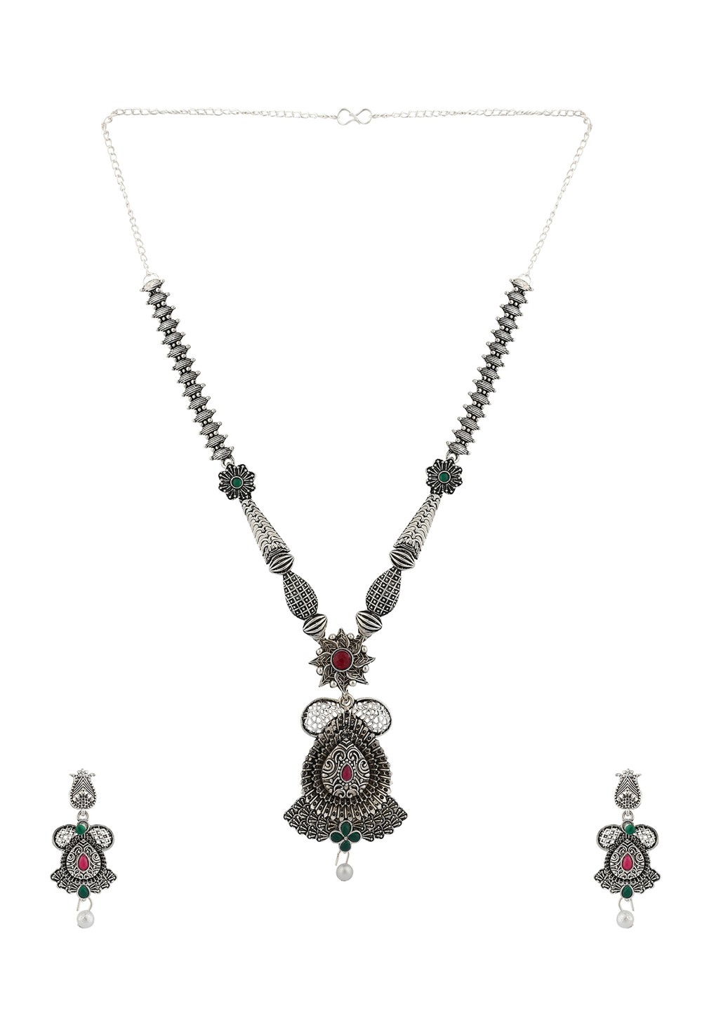 Green Alloy Necklace Set With Earrings 224644