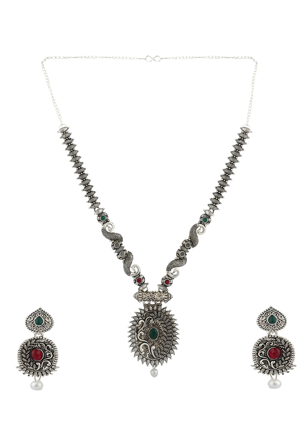 Green Alloy Necklace Set With Earrings 224645