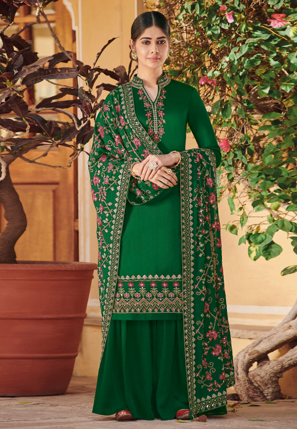 Green Silk Embroidered Palazzo Suit 170014