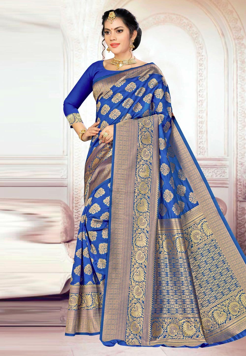Blue Banarasi Silk Saree With Blouse 220006