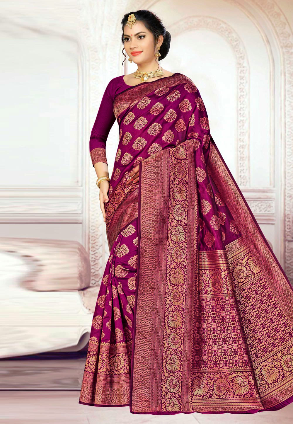 Magenta Banarasi Silk Saree With Blouse 220008