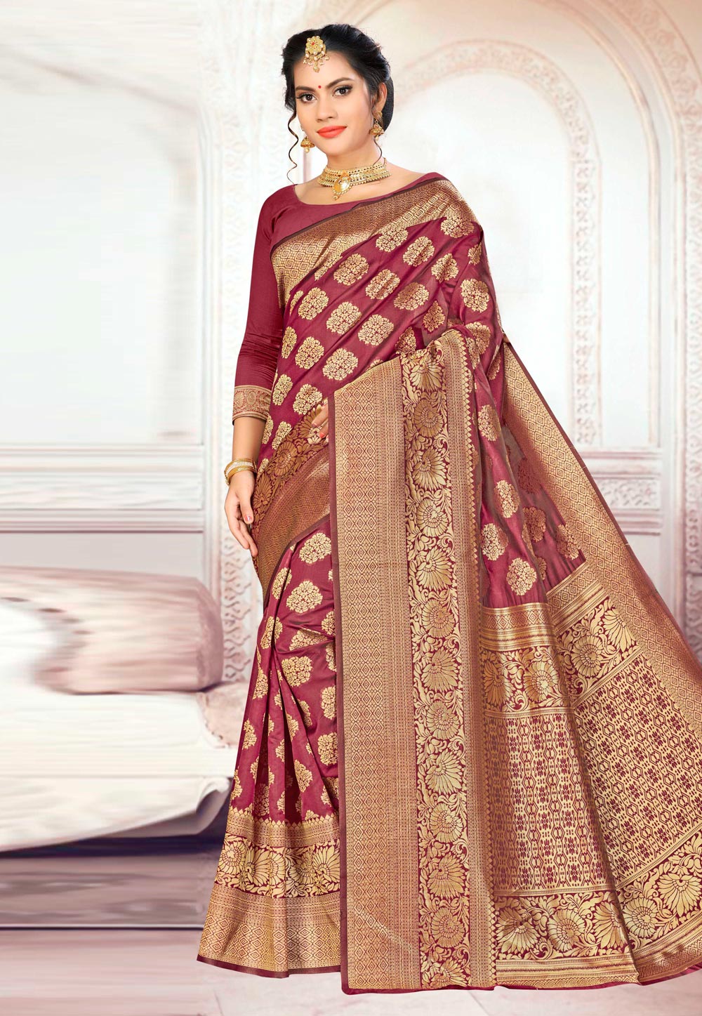 Maroon Banarasi Silk Saree With Blouse 220010