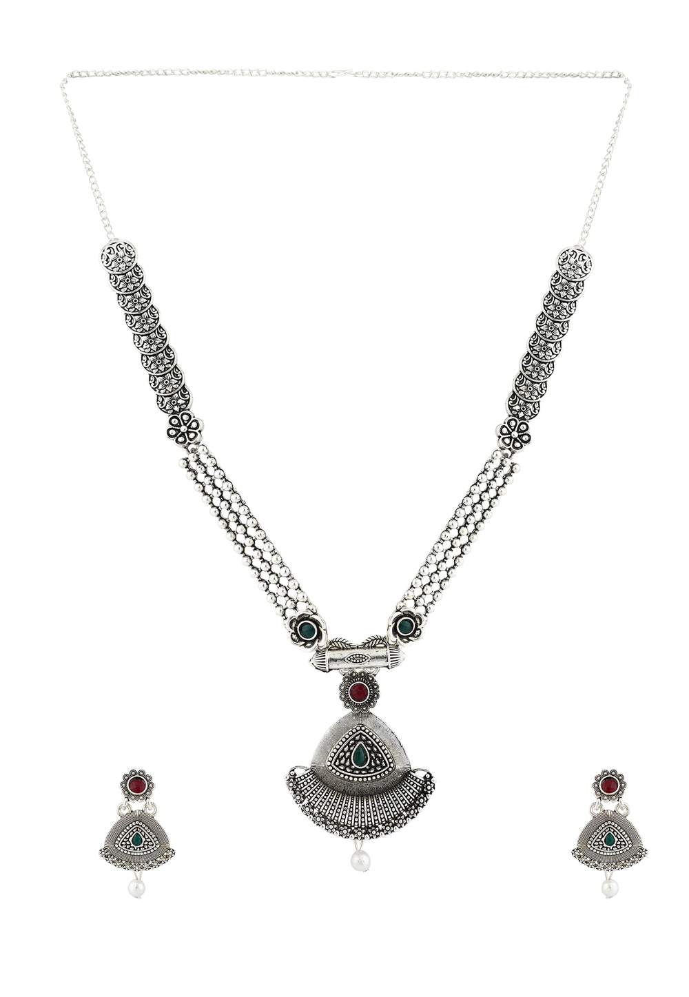 Green Alloy Necklace Set With Earrings 224647