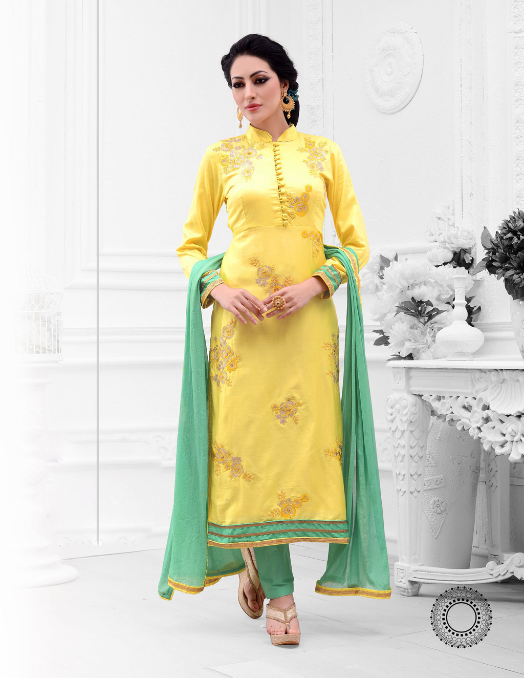 Yellow Cotton Satin Pakistani Style Suit 59736
