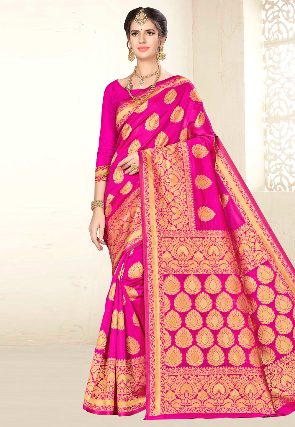 Pink Banarasi Silk Saree With Blouse 220011