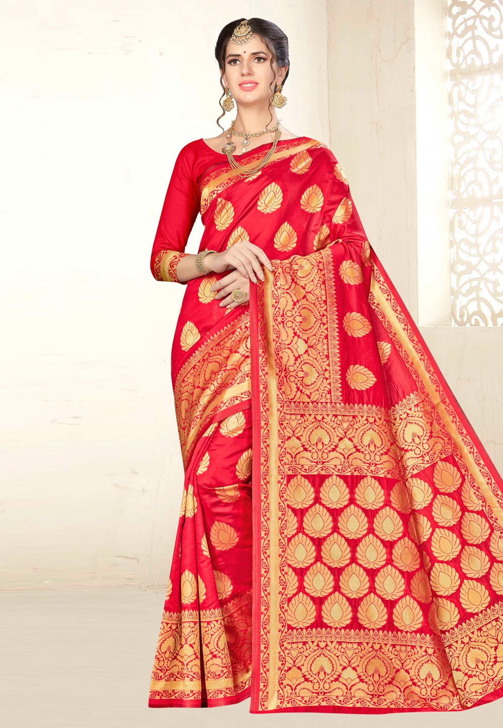 Red Banarasi Silk Saree With Blouse 220013