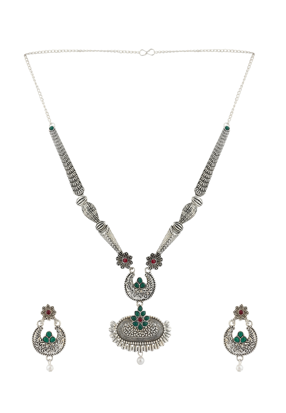 Green Alloy Necklace Set With Earrings 224648
