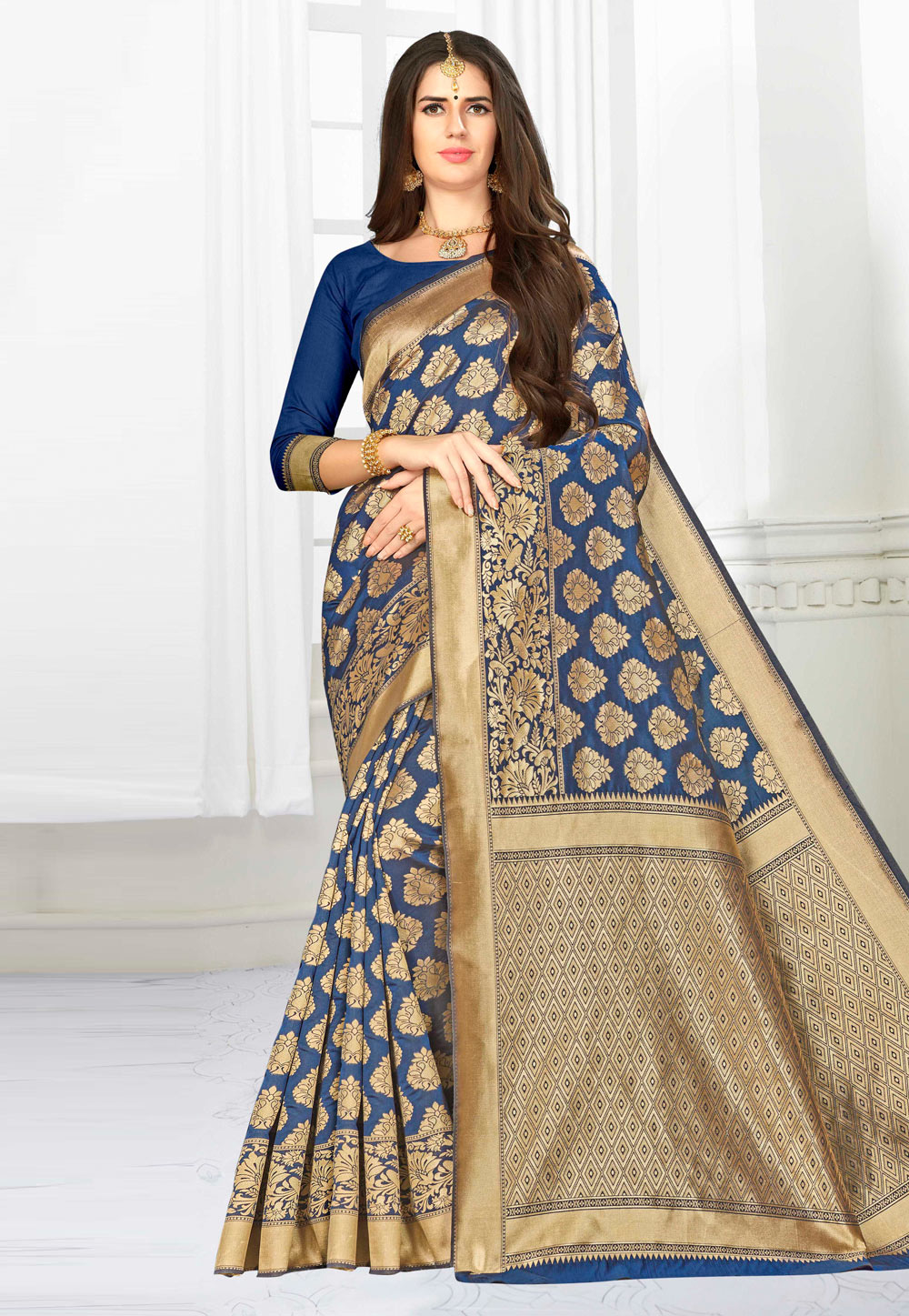 Navy Blue Banarasi Silk Saree With Blouse 220017
