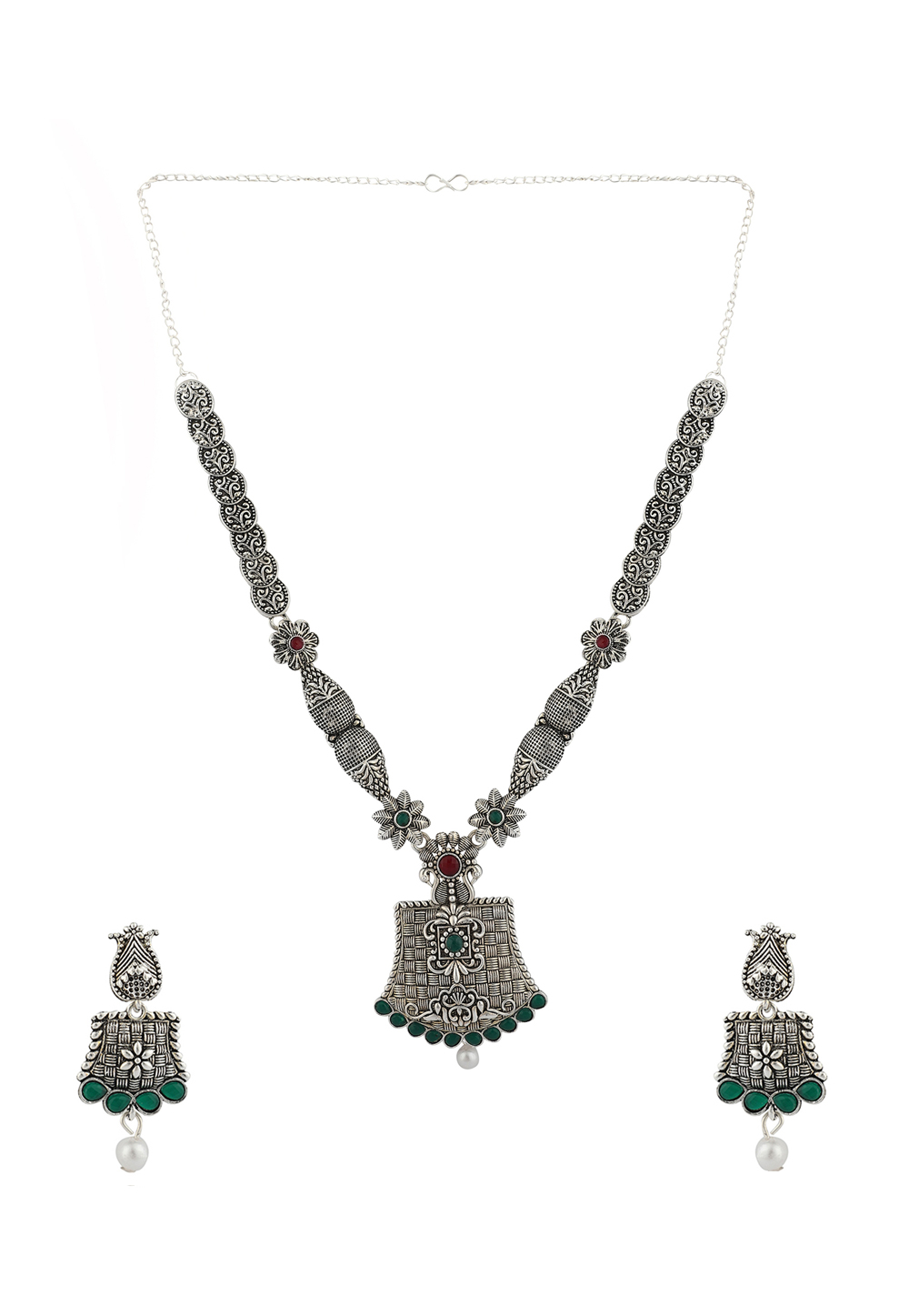 Green Alloy Necklace Set With Earrings 224649