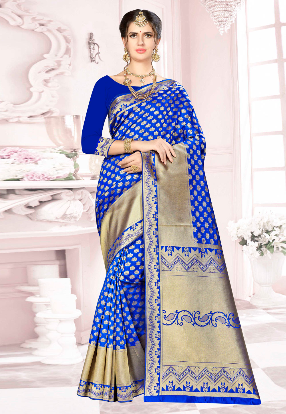 Blue Banarasi Silk Saree With Blouse 220022
