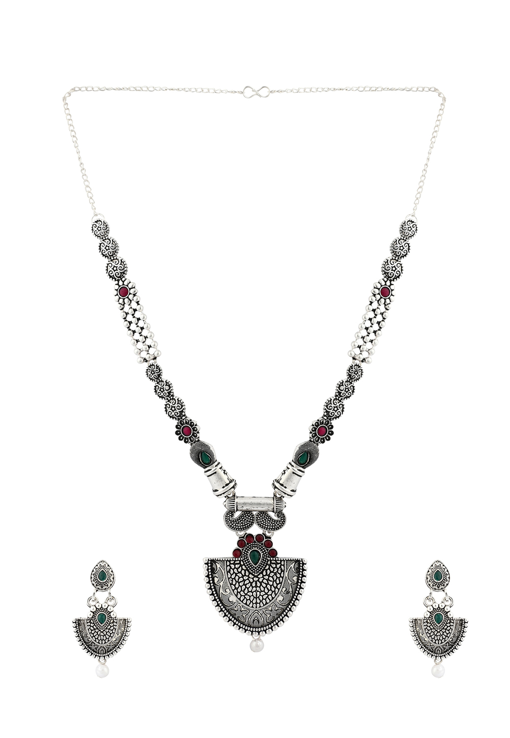 Green Alloy Necklace Set With Earrings 224650