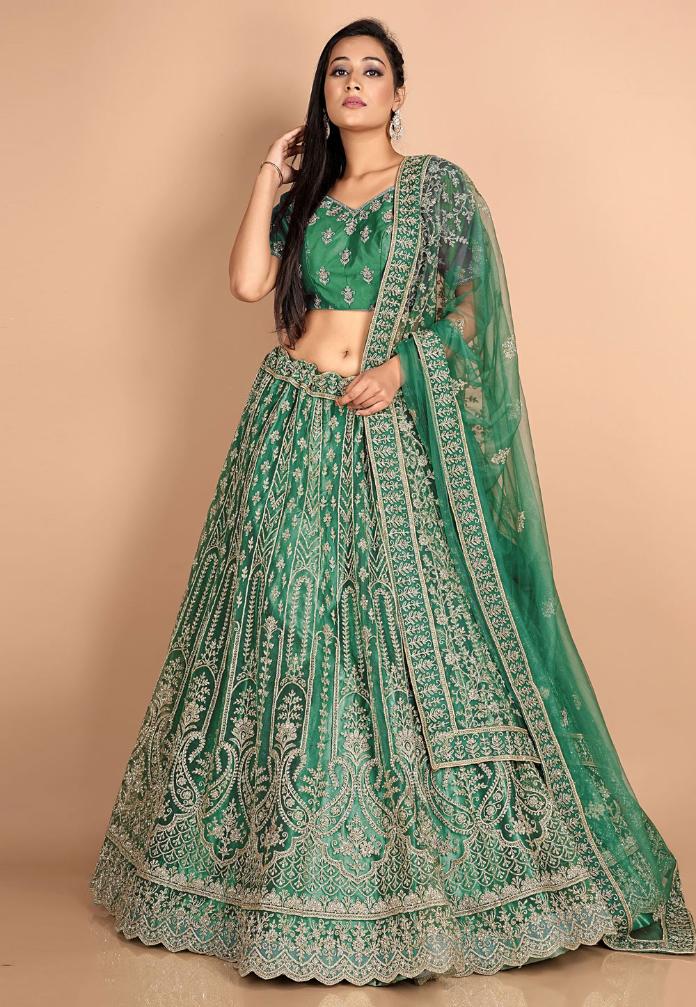 Green Net Circular Lehenga Choli 273817
