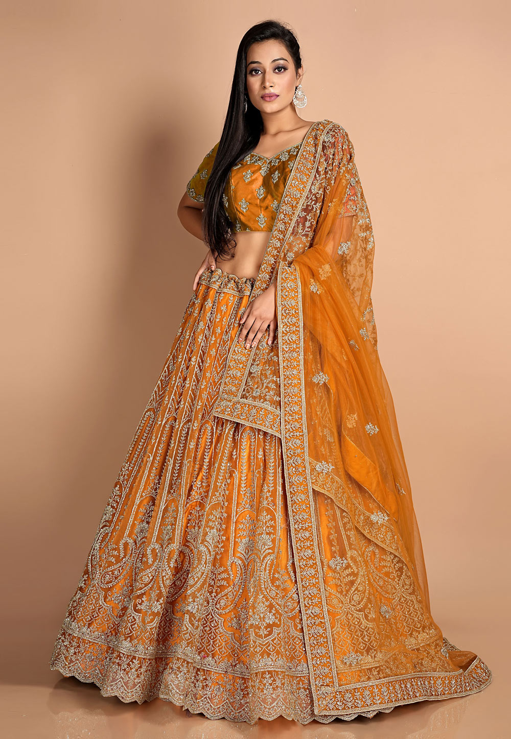 Orange Net Circular Lehenga Choli 273818
