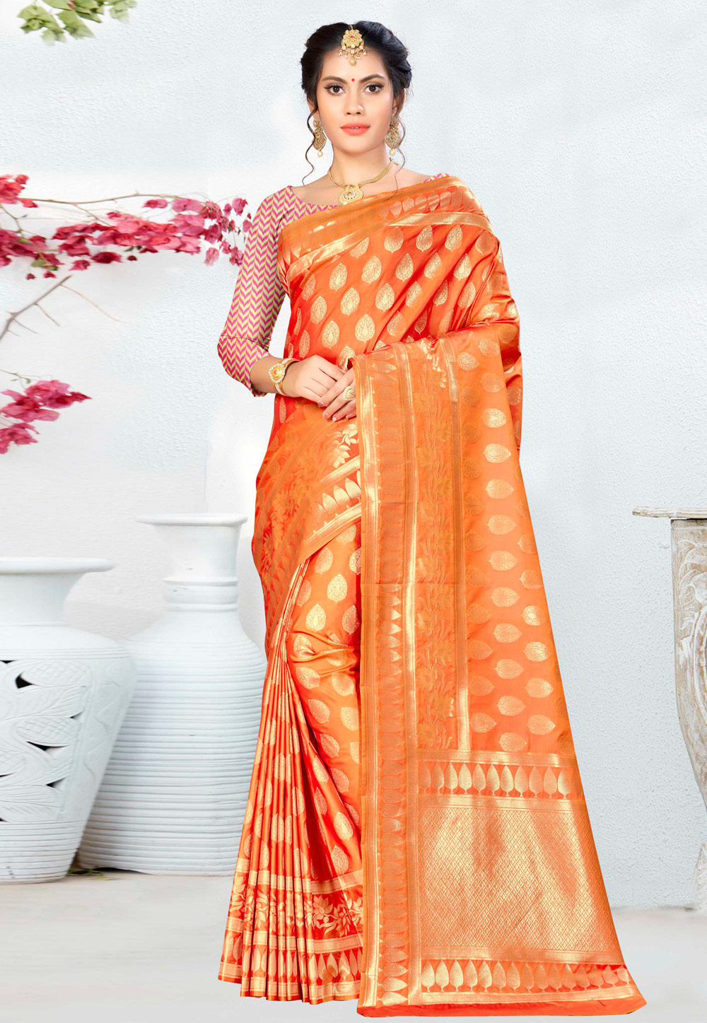 Orange Banarasi Silk Saree With Blouse 220487