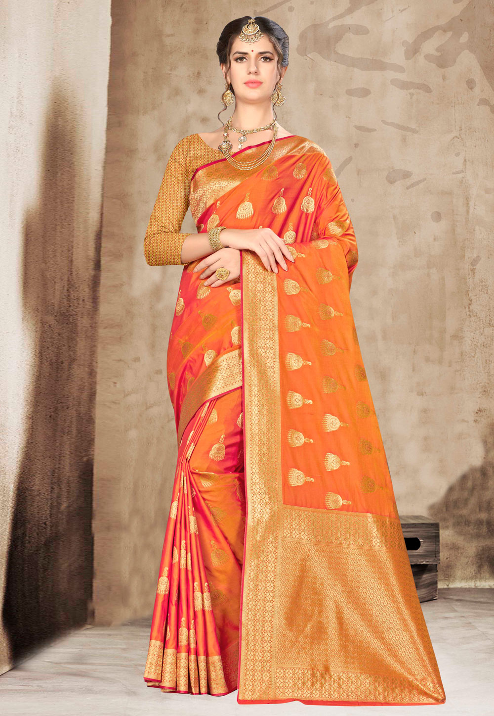 Orange Banarasi Silk Saree With Blouse 220490