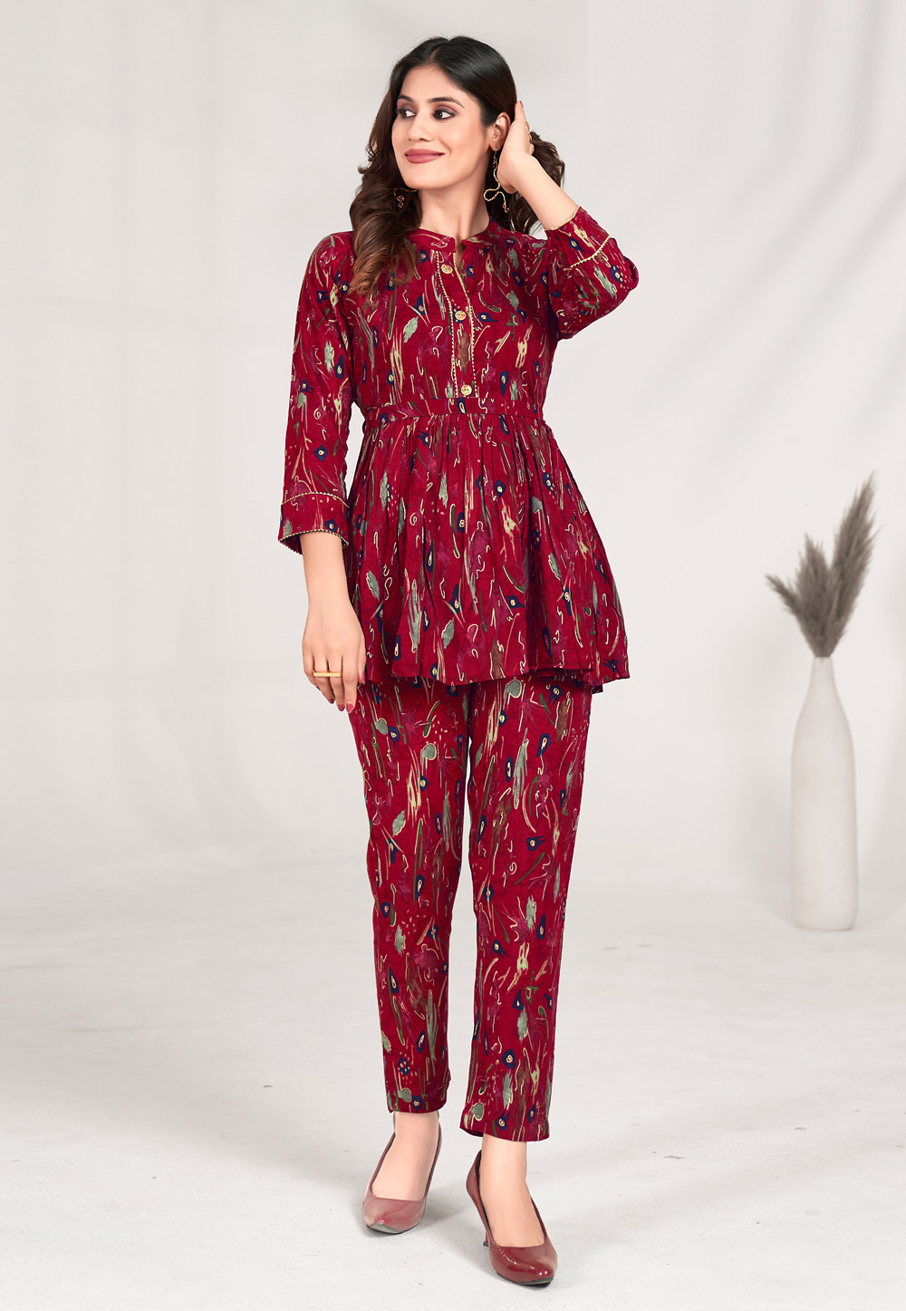 Maroon Rayon Printed Co-Ords Set 275540