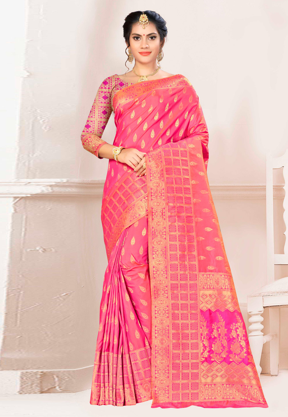 Pink Banarasi Silk Saree With Blouse 220496