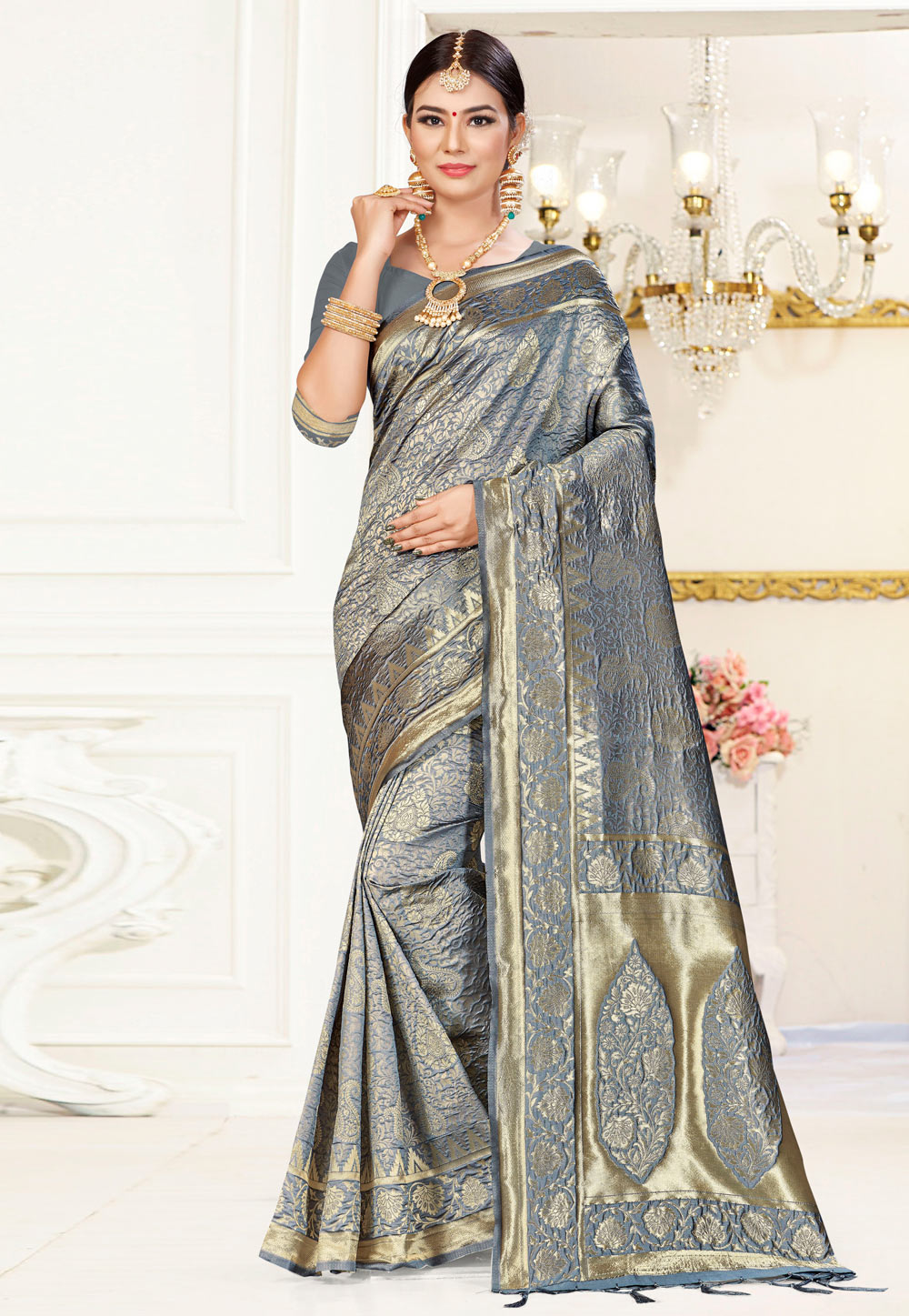 Grey Banarasi Silk Saree With Blouse 219987