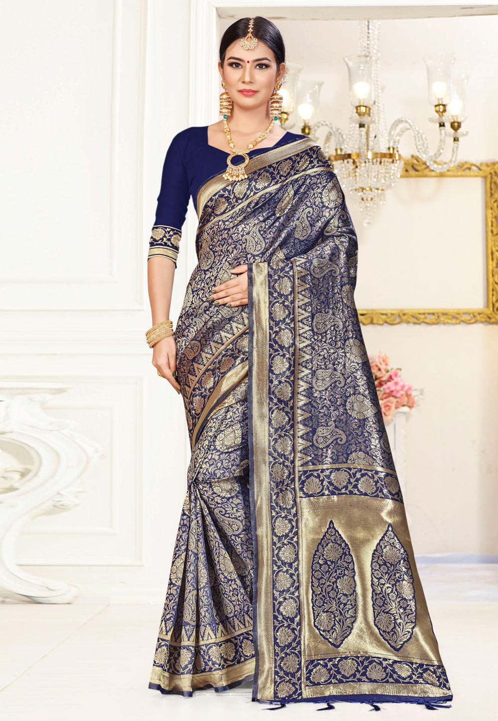 Navy Blue Banarasi Silk Festival Wear Saree 219988