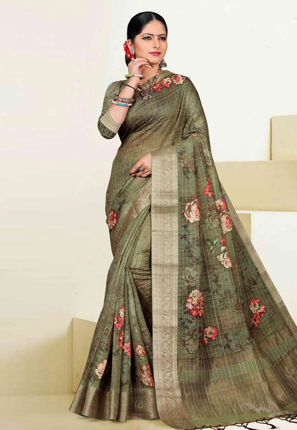 Olive Green Cotton Printed Saree With Blouse 193327