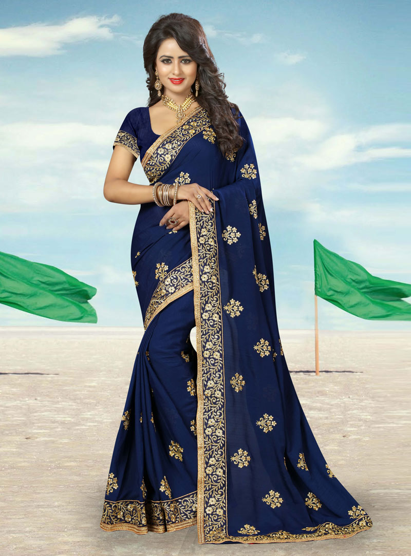 Navy Blue Georgette Patch Lace Work Saree 91813