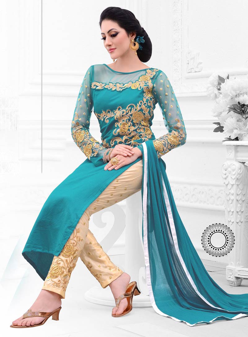 Aqua Cotton Satin Pakistani Style Suit 59737