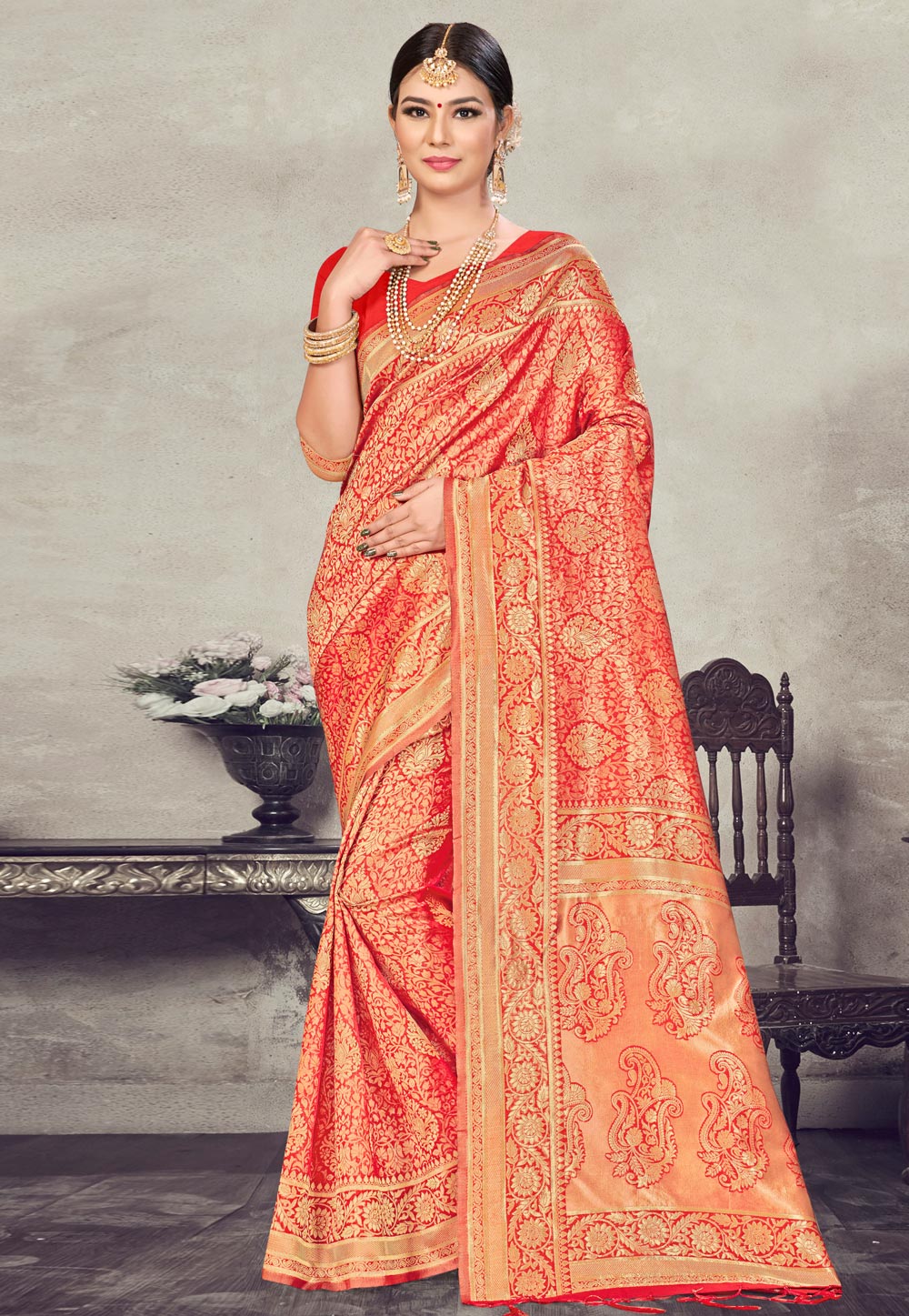 Red Banarasi Silk Festival Wear Saree 219993