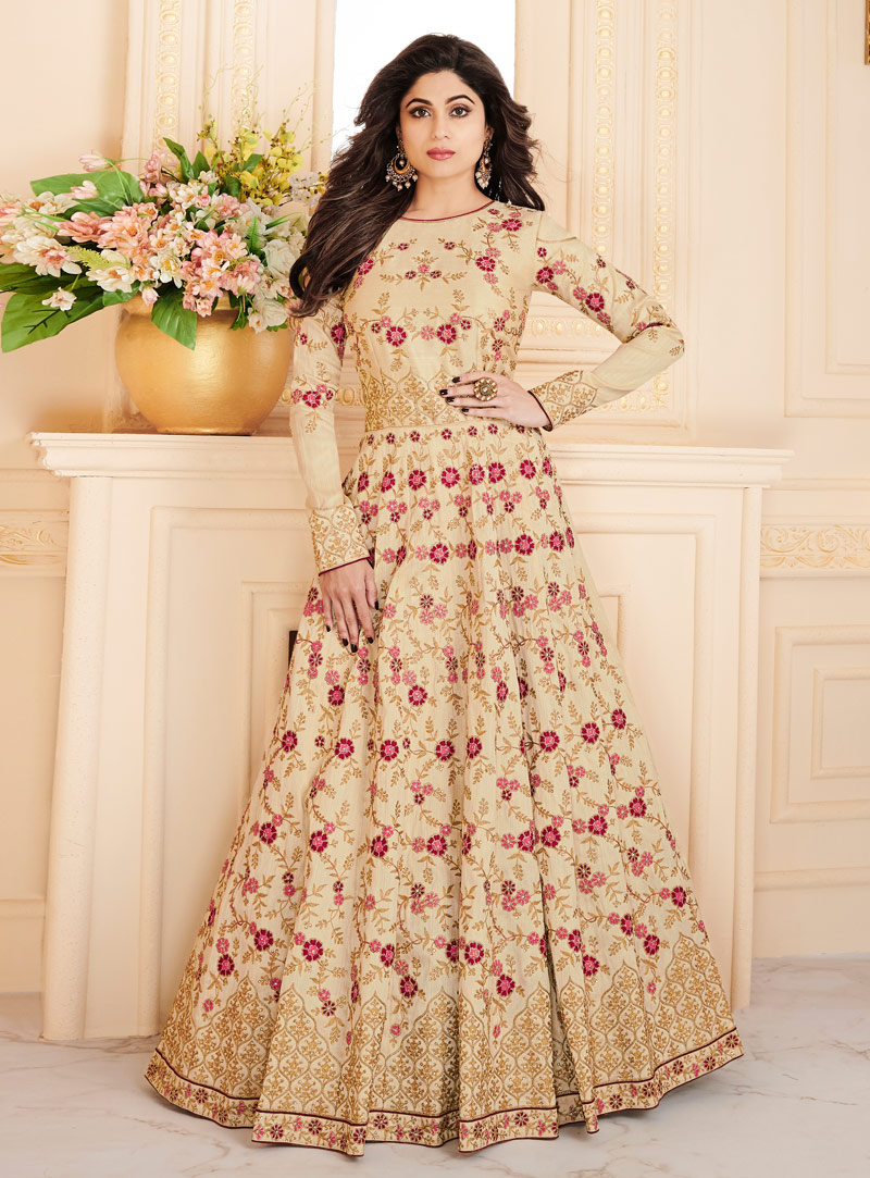 Shamita Shetty Beige Silk Long Anarkali Suit 148727
