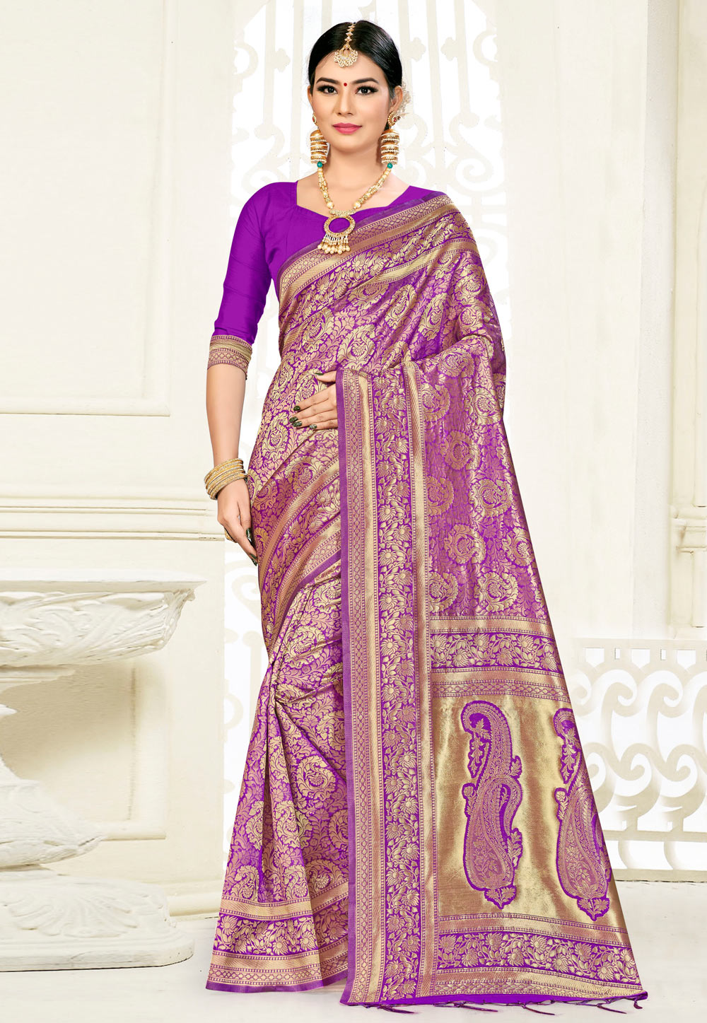 Violet Banarasi Silk Saree With Blouse 220003