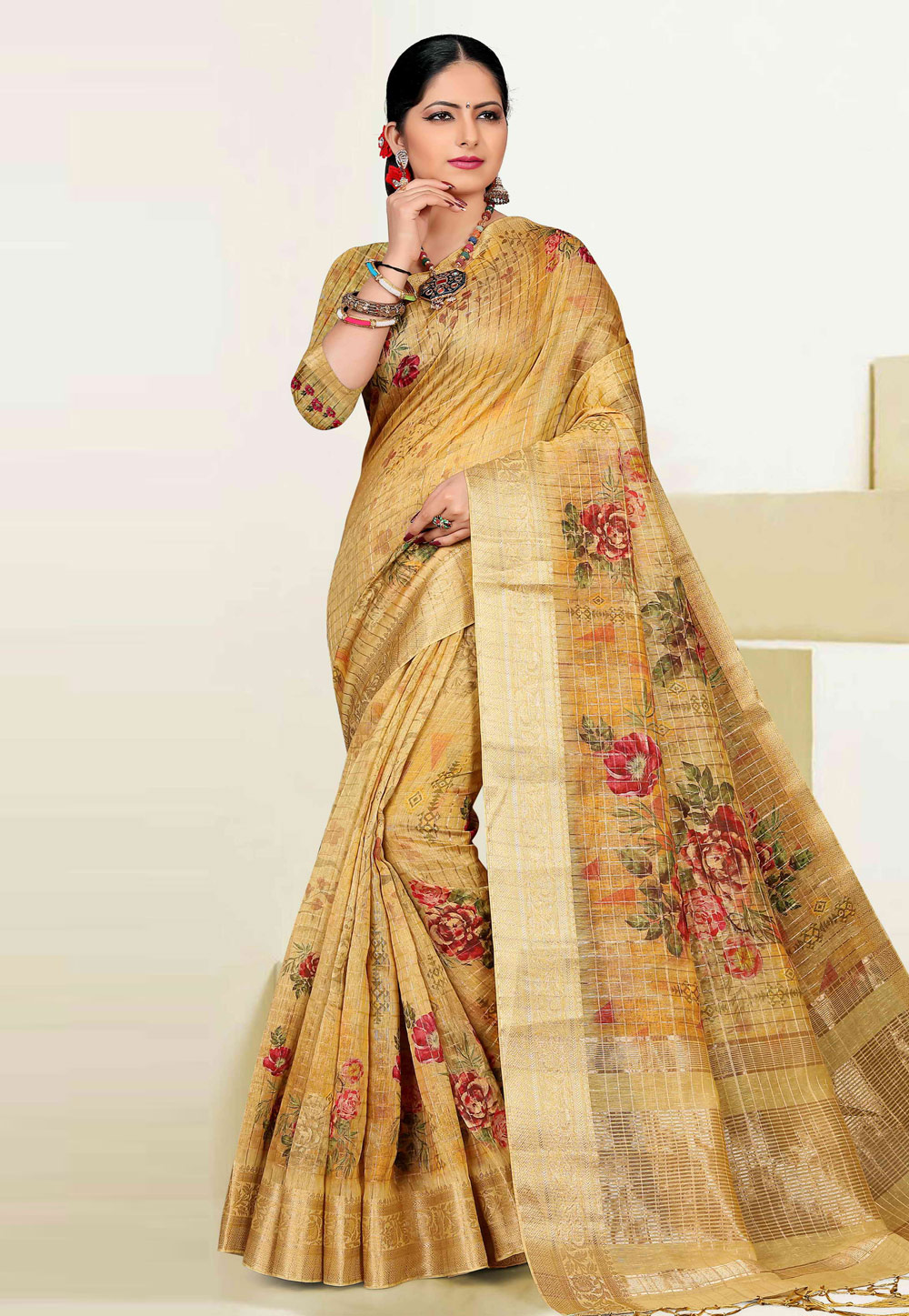 Yellow Cotton Printed Saree With Blouse 193331