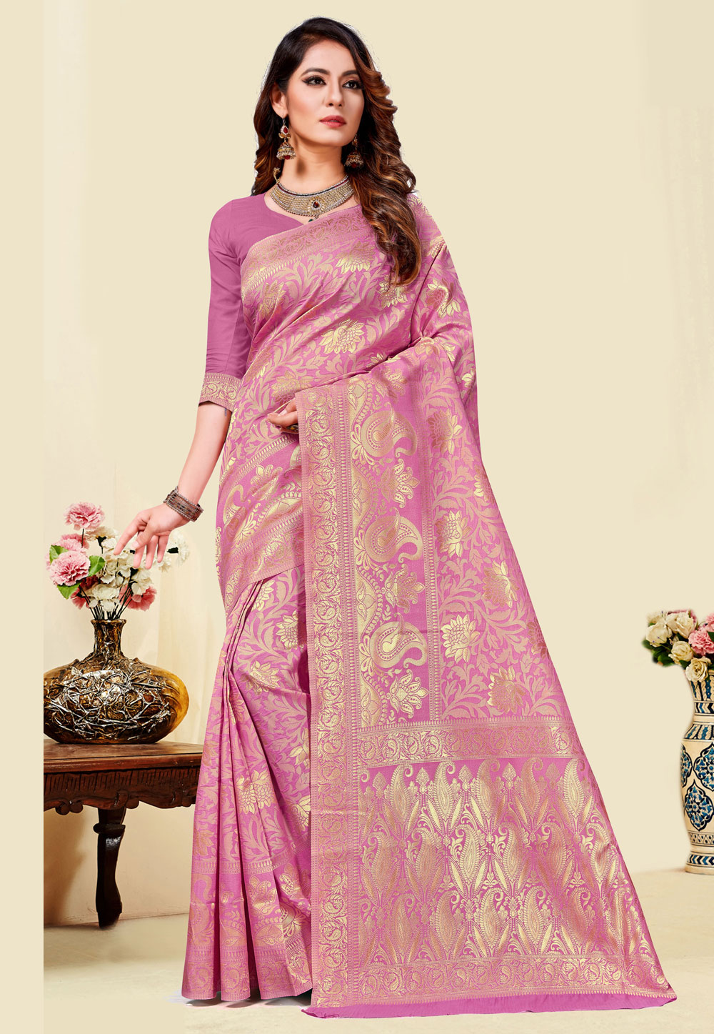 Pink Banarasi Silk Saree With Blouse 220191