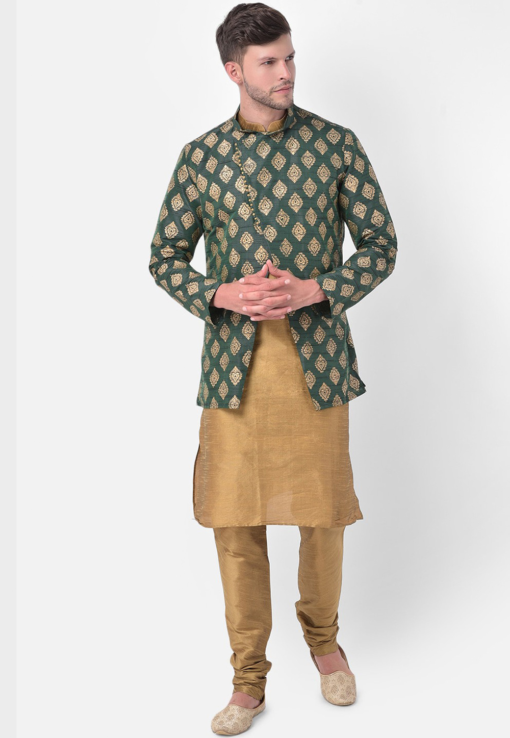 Golden Dupion Silk Kurta Pajama With Jacket 265928