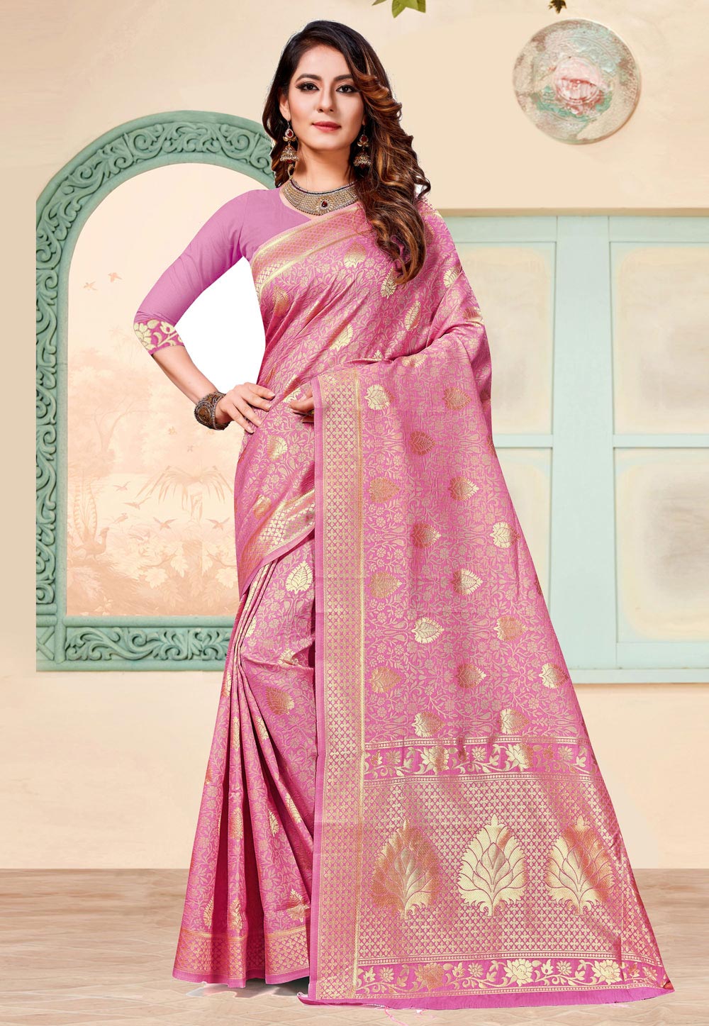Pink Banarasi Silk Saree With Blouse 220194