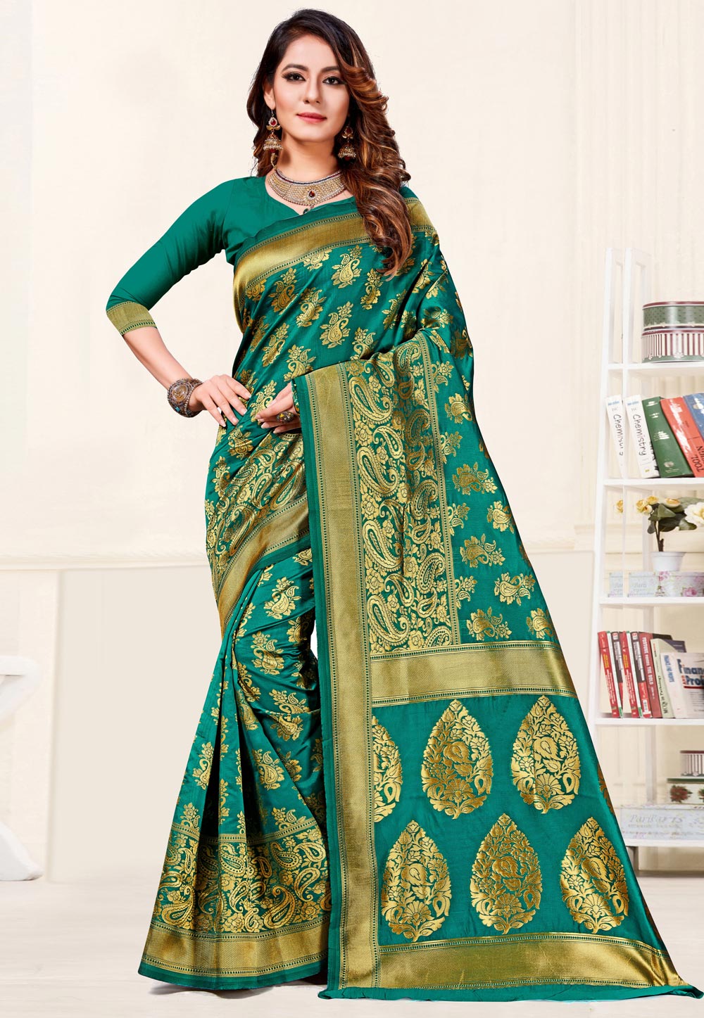 Teal Banarasi Silk Saree With Blouse 220202