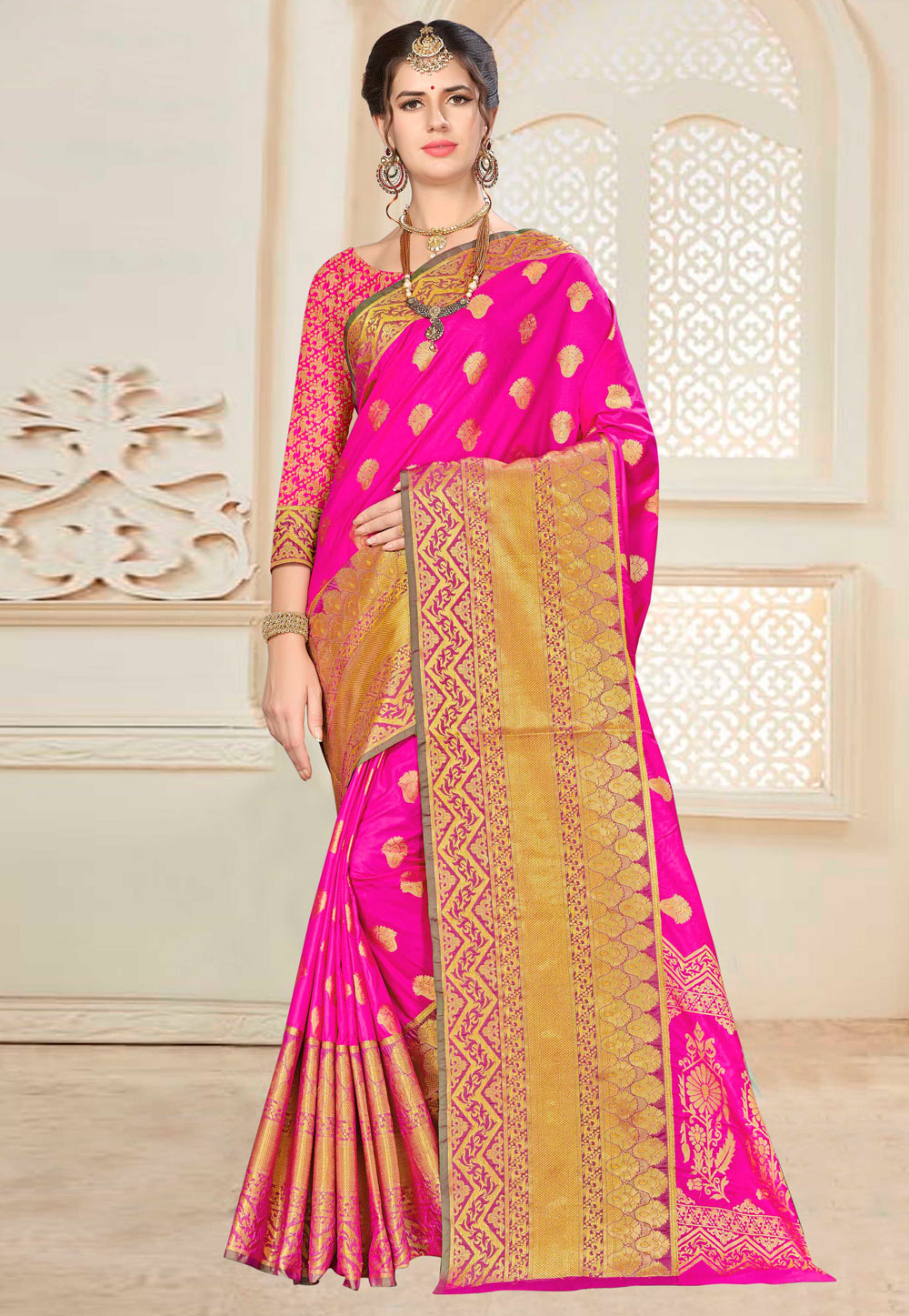 Pink Banarasi Silk Saree With Blouse 220645