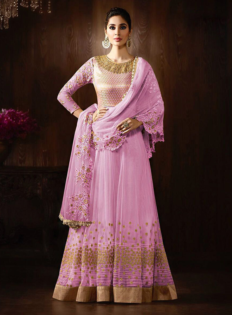 Pink Net Embroidery Work Long Anarkali Suit 83134