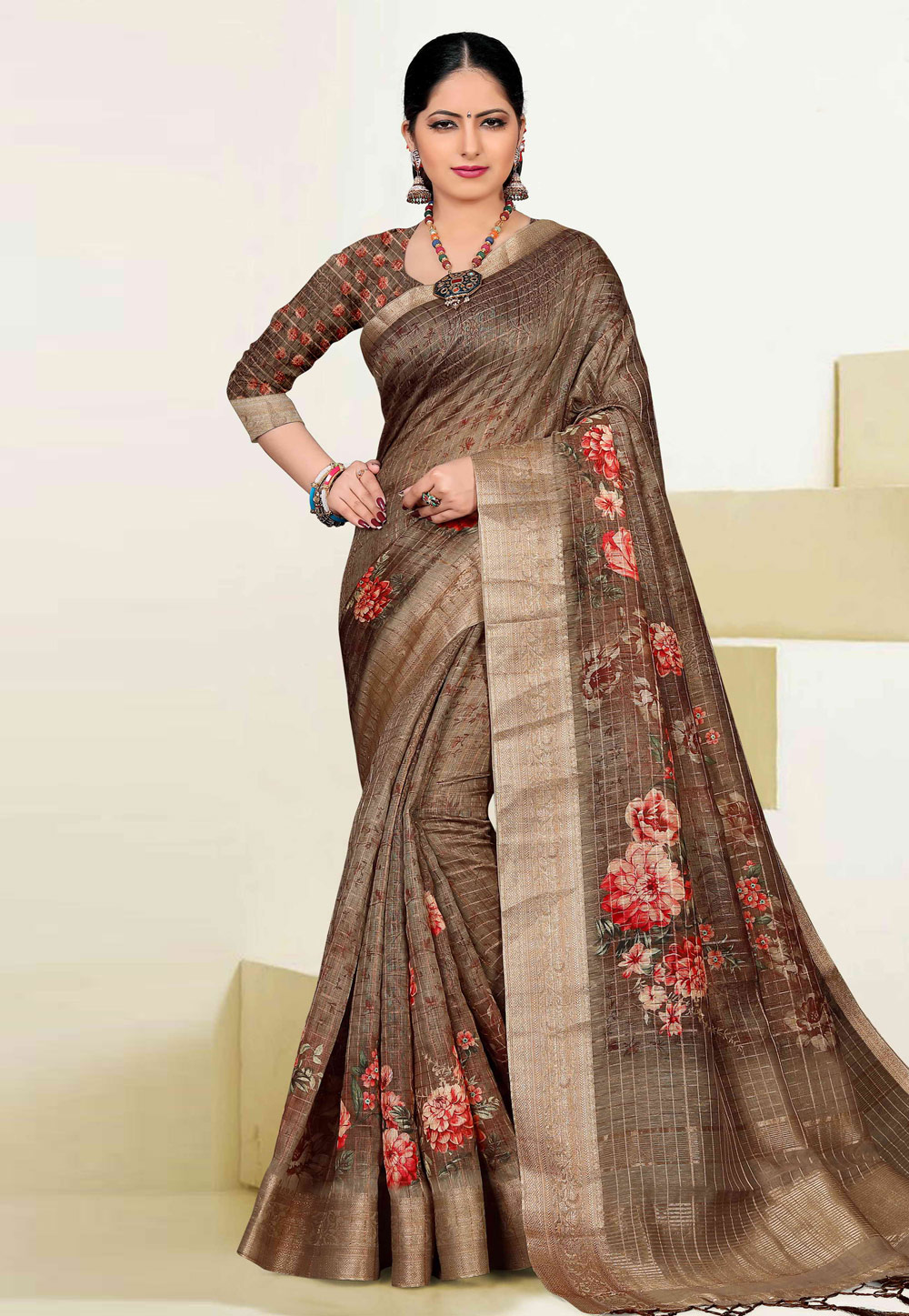 Brown Cotton Printed Saree With Blouse 193335