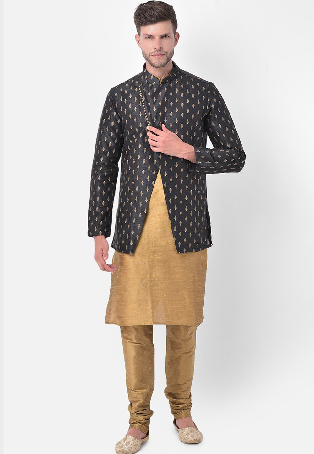 Golden Dupion Silk Kurta Pajama With Jacket 265932