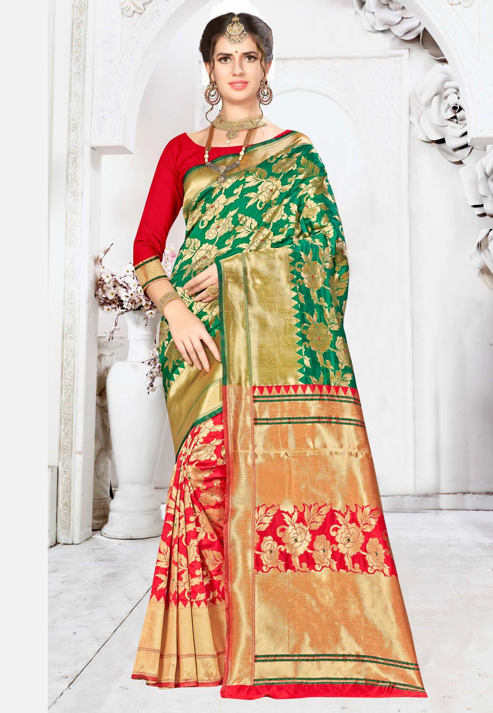 Green Banarasi Silk Half and Half Saree 220137