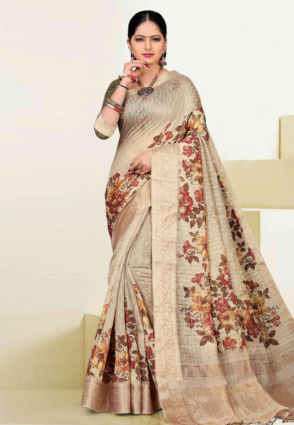 Beige Cotton Printed Saree With Blouse 193337