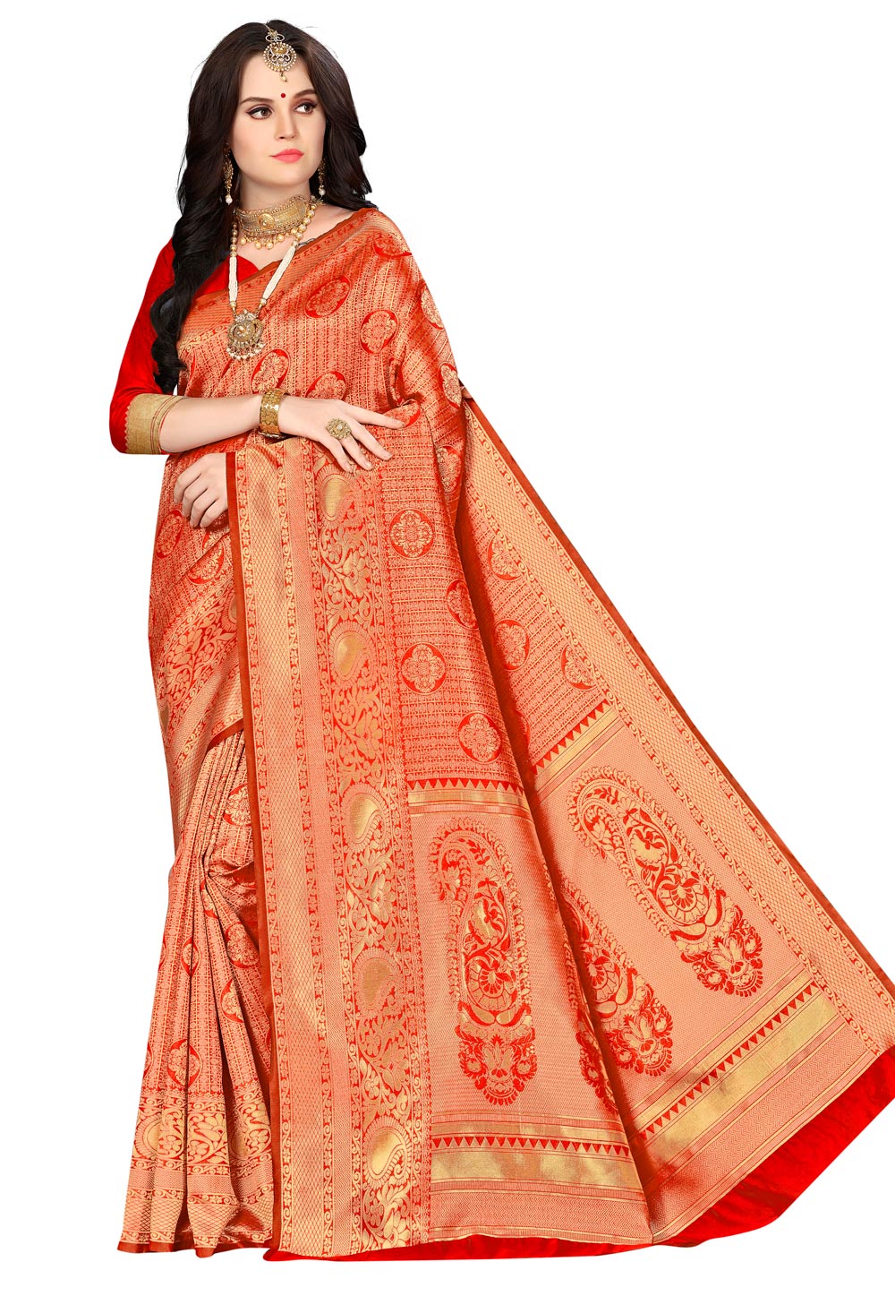 Red Banarasi Silk Saree With Blouse 220144